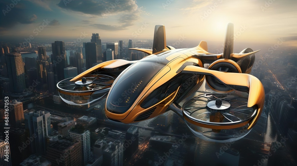 Concept image of a flying taxi in a city