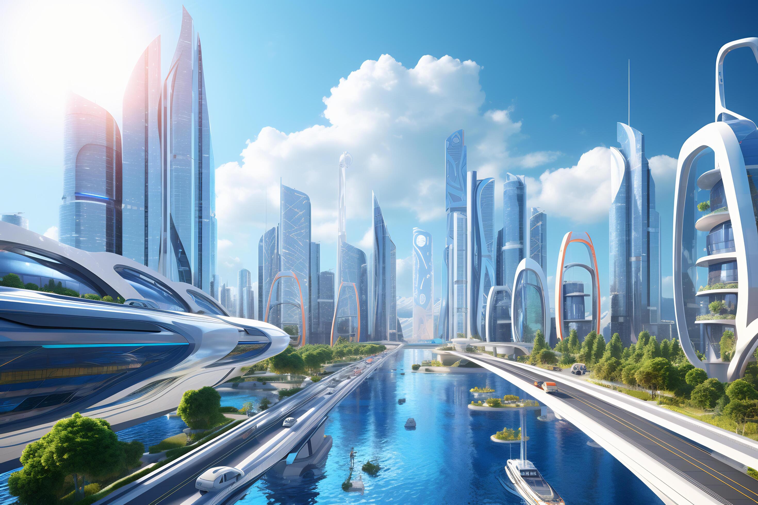 Futuristic city skyline with EVs